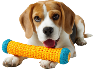 Beagle with Toy: A friendly beagle dog with a playful gaze and a colorful toy brings joy with its lively expression, showcasing the close bond between pet and owner.
