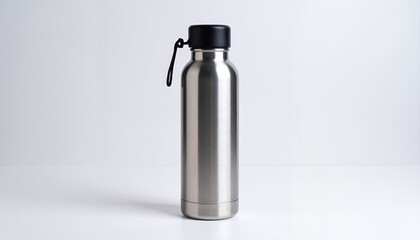 Stainless steel water bottle with black cap and handle on white background.