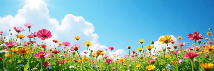 Obraz premium Vibrant wildflowers bloom under a vast blue sky , scene, countryside