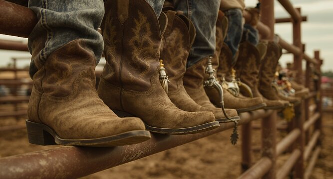 Close-up of cowboy boots resting on a fence rail