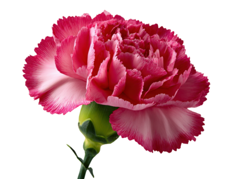 Vibrant Carnation Blooms: A close-up shot showcases a stunning, fully bloomed carnation, its delicate petals bursting with rich pink hues accented by soft white edges, radiating elegance.