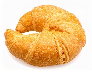 A close-up studio shot of a golden, flaky, and delicious croissant, isolated on white.