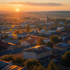 Obraz na płótnie Canvas Scenic sunset across rooftops with church spire in distance