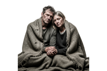 Homeless couple in despair huddled together under a dirty blanket for warmth and support.