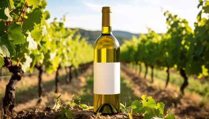 Fototapeta premium White Wine Bottle in Vineyard with Sunny Day, Blank Label, and Grape Vines Background.