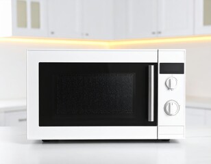 Fototapeta premium A white microwave oven sits on a countertop in a bright, modern kitchen setting.