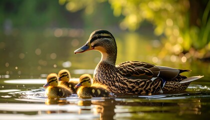 A mother duck leads her ducklings across a serene pond, bathed in golden sunlight.