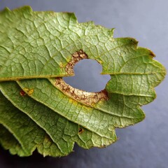 Leaf with Damage Close-up View of a Hole in a Leaf, Texture and Details