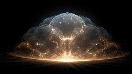A luminous, fractal cloud formation resembling a mushroom cloud, glows with inner light, radiating from a bright, golden base against a dark backdrop