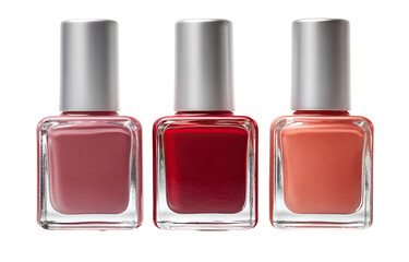 Three square nail polish bottles, showcasing shades of rose, red, and peach.  Each bottle has a light-gray metal cap, and the clear glass displays the different colored nail polish inside