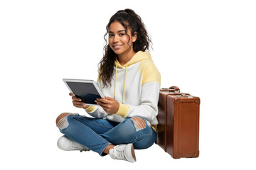 Fototapeta premium Happy teenage girl with a vintage suitcase using a digital tablet to plan her travel online.