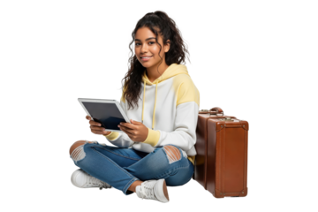 Happy teenage girl with a vintage suitcase using a digital tablet to plan her travel online.