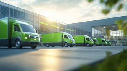 environmentally friendly delivery vehicles parked at a solar-powered logistics center, emphasizing green energy in delivery services, softly blurred background