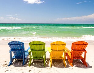 Colorful beach chairs on sandy shore