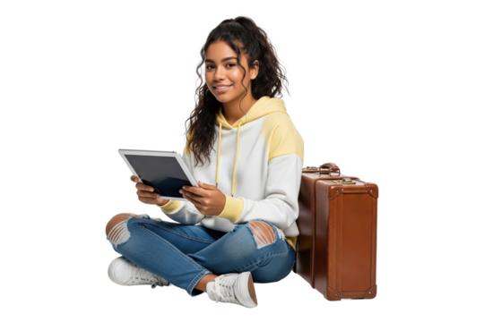 Happy teenage girl with a vintage suitcase using a digital tablet to plan her travel online. - Powered by Adobe
