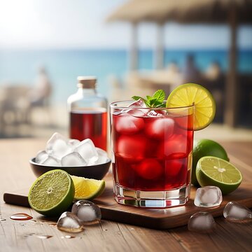 A glass of chilled red Catuaba, a traditional Brazilian herbal infusion, served with ice and a lime garnish. The drink is surrounded by fresh limes and ice cubes suggesting a simple and invigorating.