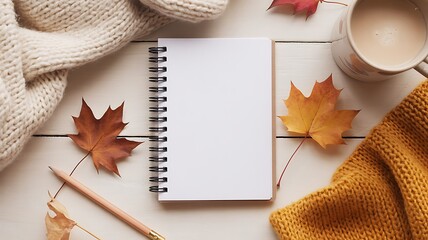 Autumn Cozy Flatlay: Blank Notebook, Knitwear, Pencil, Coffee, Maple Leaves.