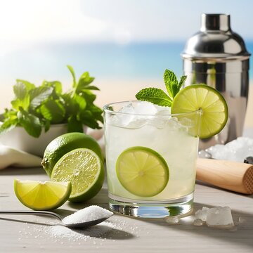 A glass of classic Caipirissima with ice and lime slices, garnished with mint leaves. a cocktail shaker in the background, set against a sunny beach, highlighting the drink's fresh ingredients.