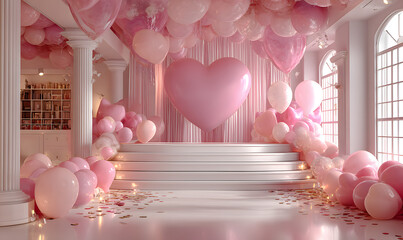 Happy valentines day podium display decoration with eart shape balloon, confeti, 3D rendering illustratin