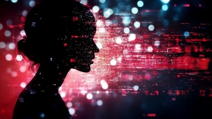 Dramatic silhouette of a woman with a digital data overlay for a technology concept - Powered by Adobe