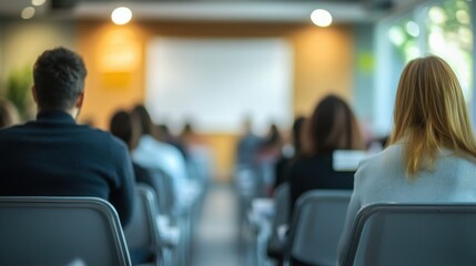participating in a corporate training session in a modern, well-equipped meeting room, with a blurred background