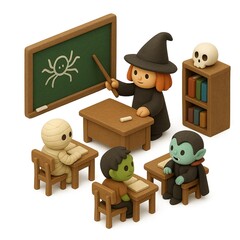 Monster Classroom Isometric 3D Clay Cartoon Illustration