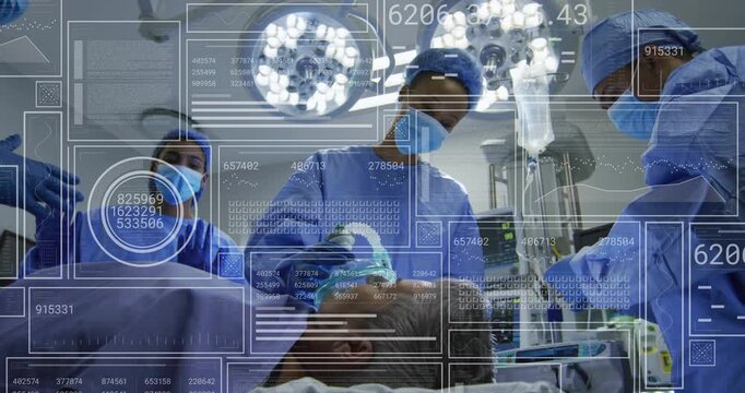 Anesthesiologist applying mask and giving squeezes in OR as team monitoring vitals and adjusting IV