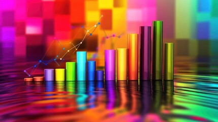 A colorful bar graph with a line chart, reflecting data trends over a vibrant background.