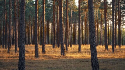 Obraz premium Sunlight Filtering Through Tall Pine Trees in a Dense Forest Casting Golden Rays on the Forest Floor Creates a Backlit Woodland Scenery