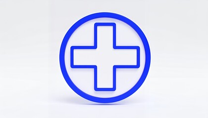Obraz premium A three-dimensional blue medical plus sign symbol enclosed in a circle, representing healthcare and first aid, on a white background.