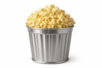 Popcorn overflowing a metal bucket isolated on transparent background, perfect for movie night, snacking, or cinema-related themes