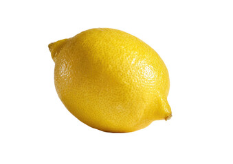 A single, whole lemon, brightly lit and isolated against a black background.  Its yellow skin is smooth and slightly glossy, with visible texture. 