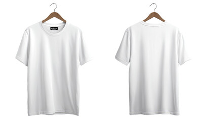 Front and back view of a plain white t-shirt on a hanger