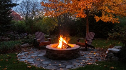 A cozy outdoor fire pit surrounded by chairs and autumn foliage.