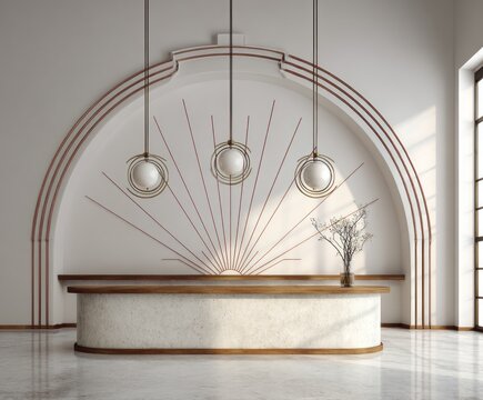 A sunburst design accents a modern reception desk with polished light-beige stone and warm wooden counter.