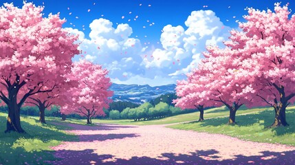 Whimsical anime landscape with pink cherry blossom trees lining a path, blue sky with fluffy clouds and scattered petals