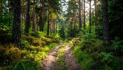 Sunlit path through a dense pine forest