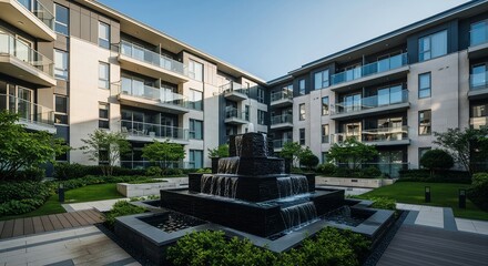 Fototapeta premium Modern Apartment Complex Courtyard with Fountain and Landscaping