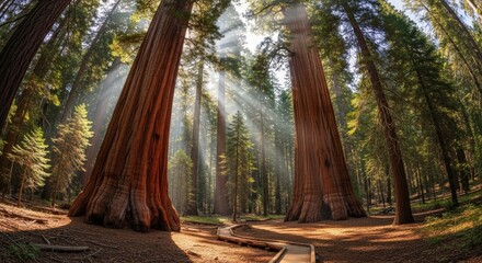 Majestic giant sequoia trees in a sundrenched forest, with dramatic sunbeams filtering through the canopy onto a winding path nature, landscape, forests