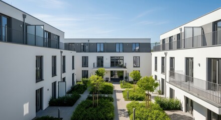 Modern Apartment Complex Courtyard with Greenery and Balconies