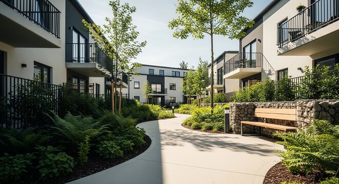 Modern apartment complex courtyard with landscaped pathway and seating area