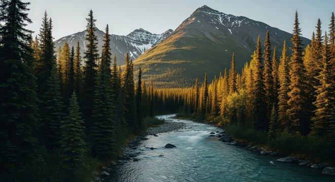 A pristine river flows through a dense evergreen forest towards majestic snowcapped mountains under a clear sky nature, landscape, forests