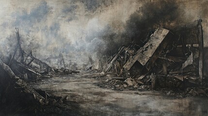 A desolate landscape depicting destruction and despair, evoking themes of loss and devastation.