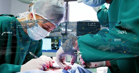 Surgeons prepping scalpel and retractor as world map overlay emerging visualizing medical network - Powered by Adobe