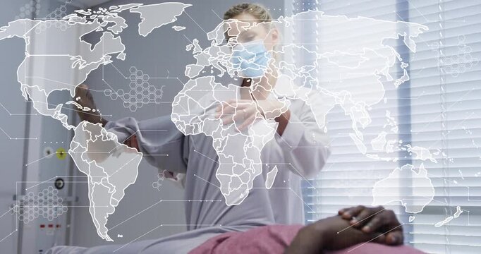 Female clinician raising, rotating leg pulsing world map overlay to assess hip mobility