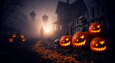 Spooky Halloween Scene with Illuminated Jack-o'-Lanterns and Skeleton Decorations in Dark Haunted Yard
