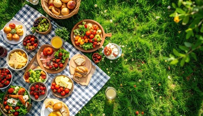 Fototapeta premium Outdoor picnic on a checkered blanket, showcasing a spread of colorful fruits, vegetables, cheeses, and breads atop vibrant green grass