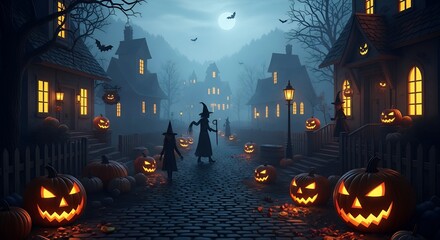 Spooky Halloween Night Scene with Jack O Lanterns and Witches in Dark Village