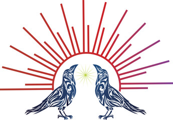 Obraz premium カラスと太陽のトライバルマークイラスト