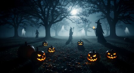 Spooky Halloween Scene Haunted Forest with Jack O Lanterns and Witch Figures Under Moonlight